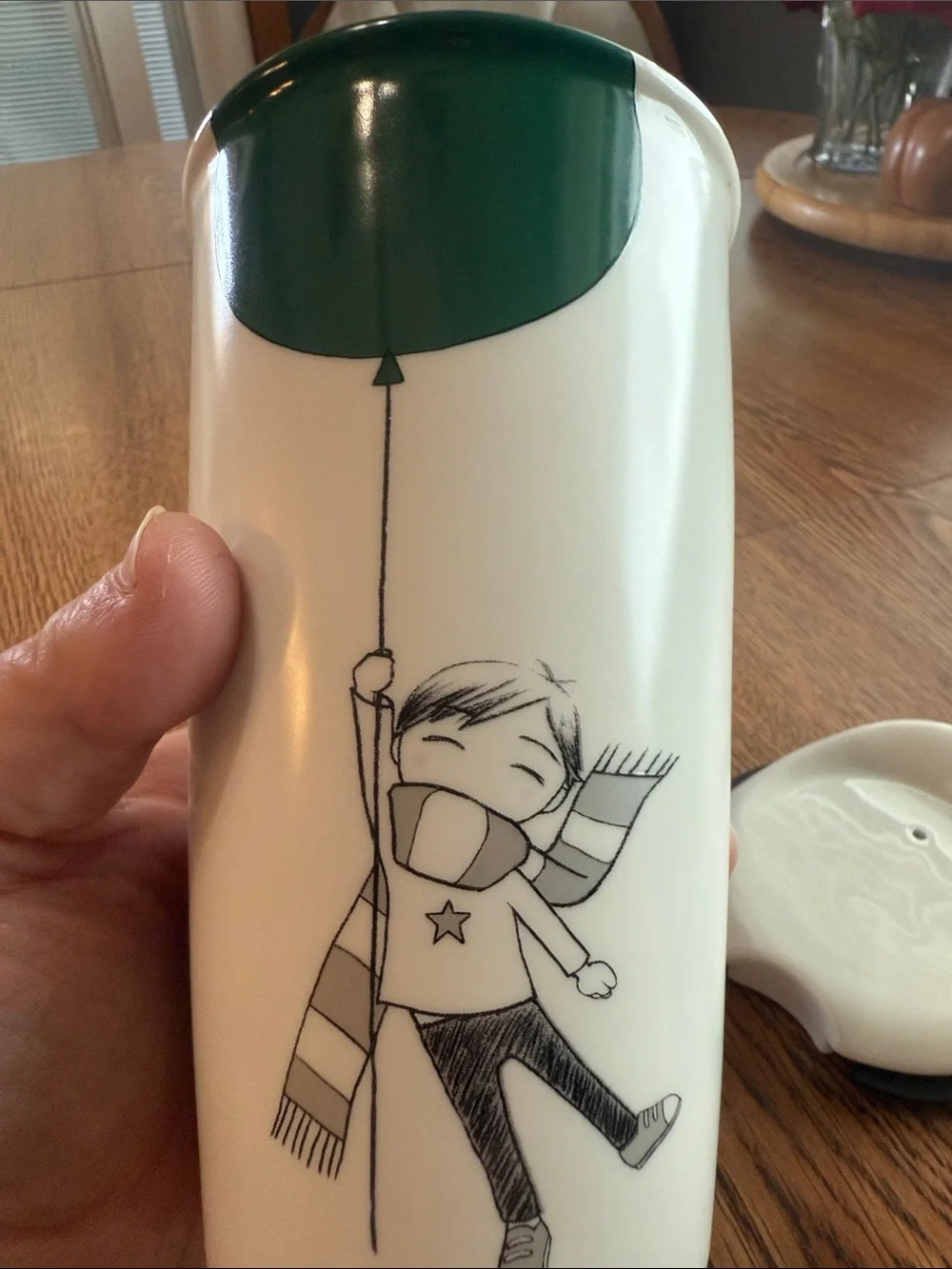 Starbucks 2014 Dot Collection Boy with Green Balloon Ceramic Travel Tumbler